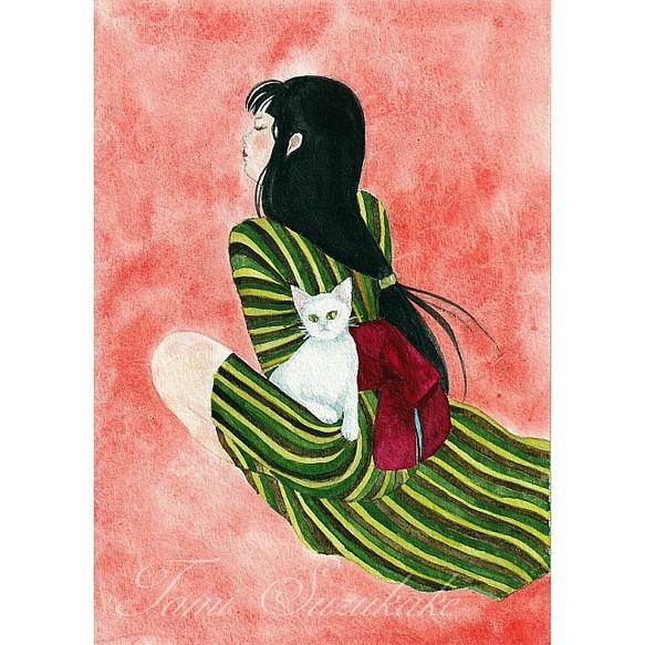 水彩画・原画「猫と女」 1枚目の画像