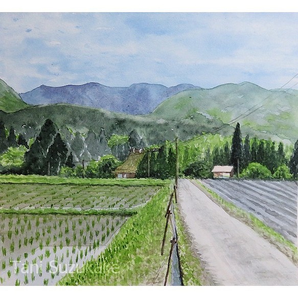 水彩画・原画「田んぼのある風景・京都、南丹市」 1枚目の画像