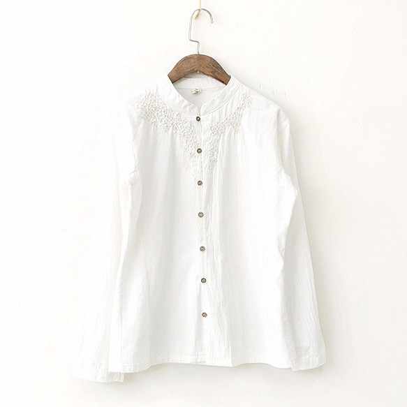 夏 ホワイト 刺繍 花 スタンド 長袖 シャツ 1枚目の画像