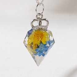 黄色とキャンディーブルーのスターフラワーのドライフラワーのダイヤモンド型レジンのネックレス 1枚目の画像