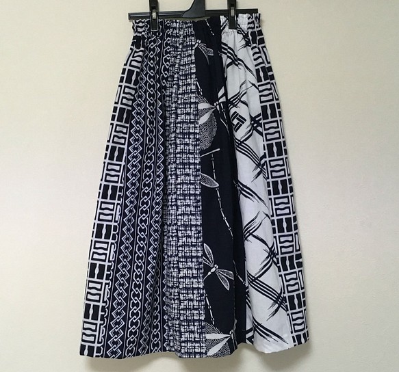 浴衣リメイク Ｄ パッチワーク ギャザースカート フリーサイズ 着物 コットン 1枚目の画像