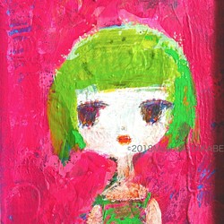 〈天使が来たのです〉#原画 #一点物 #アート #幸せ #女の子 #ピンクとライムグリーンは天使の色 1枚目の画像