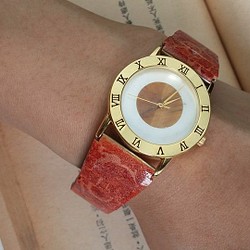 【Lost and find】古董款 天然石 貝母 虎紋 紅珊瑚 大 手錶 第1張的照片