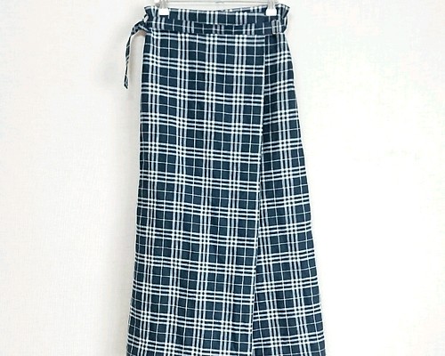【SALE】 リネン ラップスカート ラップ風スカート 巻きスカート タータンチェック ネイビー