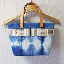 博多織×デニムトートバッグ「連」S 　ムラ染め　藍染めデニム×ベージュレザー（LT-32） 1枚目の画像