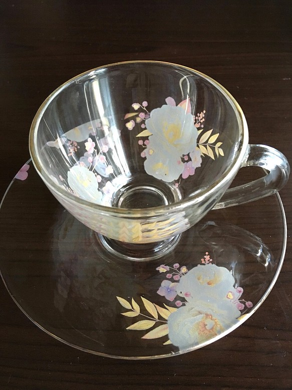 【オンラインショップ】 受注生産品 薔薇と蝶のガラスのカップソーサー