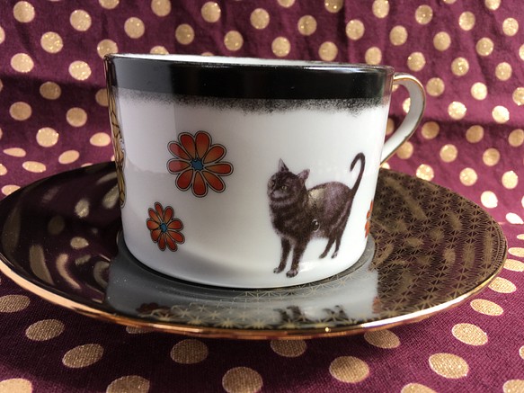 昭和レトロ猫のカップ&ソーサー(黒猫) 1枚目の画像