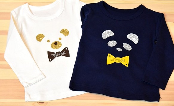 金蔥泰迪熊和熊貓瓚長袖T卹★將投入名稱色帶♪80〜120尺寸★♪也給你的寶寶禮品和贈品 第1張的照片
