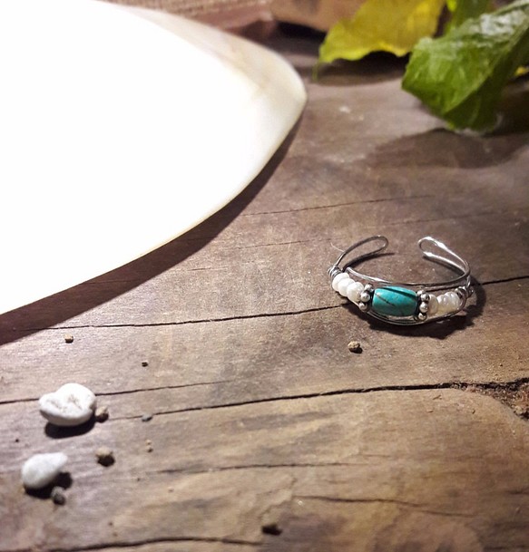 戒指◎綠松石*珍珠可調式繞線不鏽鋼戒指 第1張的照片