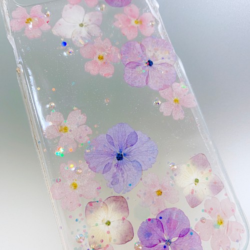 ☆全機種対応☆紫陽花ふんわり押し花スマホケース♪iPhone Xperia 