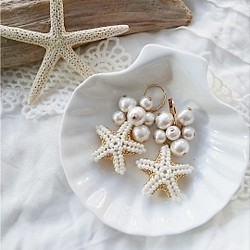 【再販3】Beads starfish × cottonpearl pierce (beige×gold) 1枚目の画像
