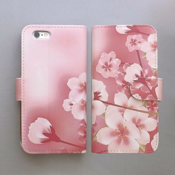 全機種対応 手帳型スマホケース カバー 桜 花柄 ピンク 075 1枚目の画像