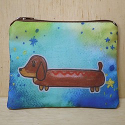 赤いチョコレートブラウンのソーセージ犬の手描きの水彩画のレンダリングスタイルパターン財布財布カードパッケージ 1枚目の画像