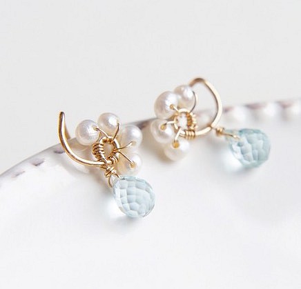 14K珍珠和海藍寶石耳環14金純金 第1張的照片