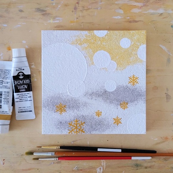 「雪の結晶＊静かな冬の抽象画」コルクボードの原画＊アートパネル