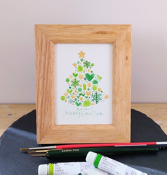 グリーンのクリスマスツリー＊フレーム付きですぐに飾れる小さな原画 1枚目の画像