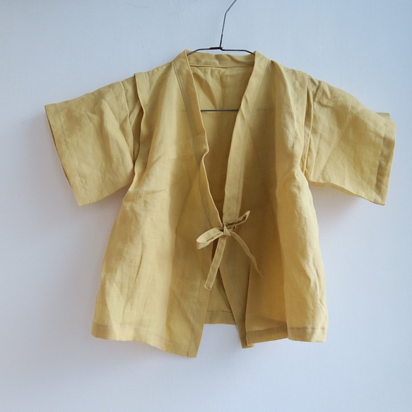 子供甚平 | 110cm (麻 | 淡鵝黃) Linen Cross straps overall 1枚目の画像
