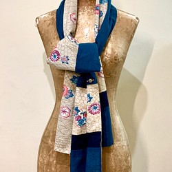 スカーフNo.263*點色*設計師純手作日本古董布料孔雀藍紫色四季花草撞色圍巾 披肩 第1張的照片