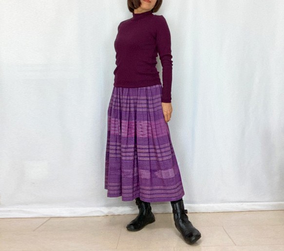 手織り綿絣ロングスカート、菫色ボーダー柄、オールシーズン 1枚目の画像