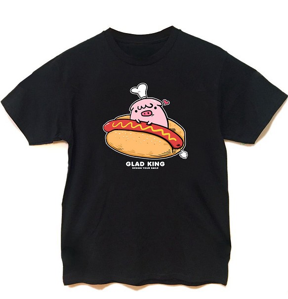 ブラック半袖Tシャツピンクのホットドッグ砦QQの豚 1枚目の画像