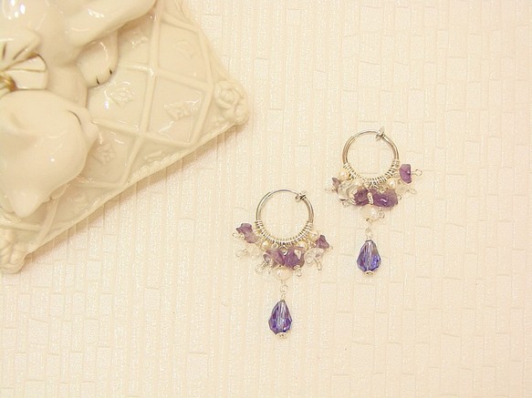 紫水晶垂墬 夾式耳環.Jill&Joe獨家手作設計 .天然紫晶 珍珠 施華洛世奇水晶 第1張的照片