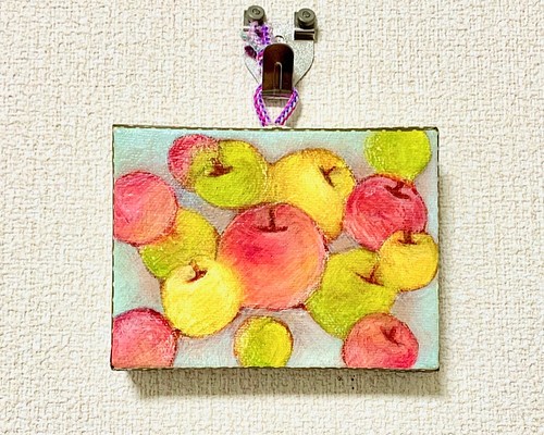 原画 油絵 水玉りんご リンゴのアート 抽象画 75×100mm カラフル 