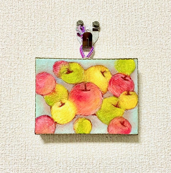 原画 油絵 水玉りんご リンゴのアート 抽象画 75×100mm カラフル ...