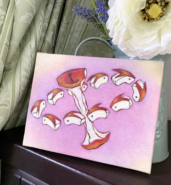 原画 油絵 アップルリングII リンゴうさぎのアート 抽象画  F0号 パープル モダンアート 1枚目の画像