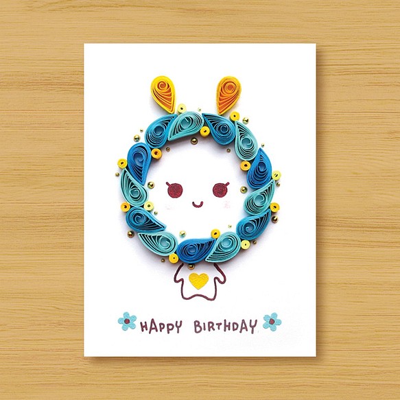 ペーパースクロールカード：祝福ウサギ_ブルー（誕生日カード、ありがとうカード、恋人カード） 1枚目の画像