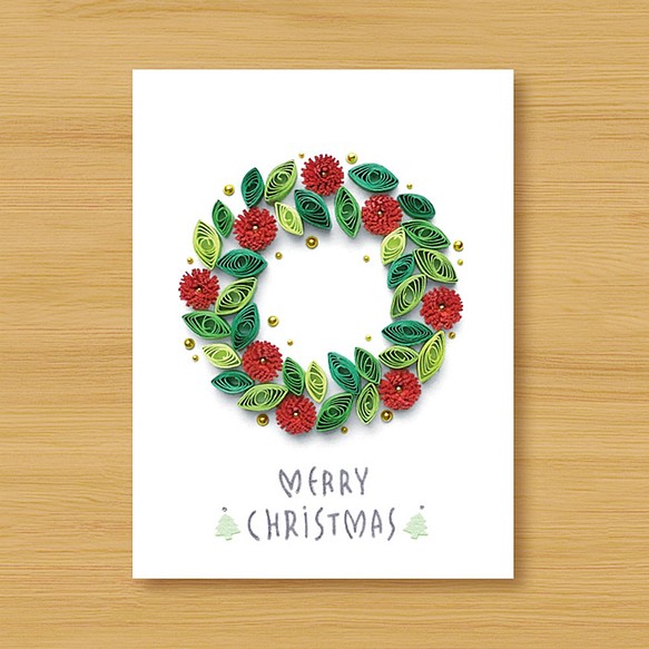 手作りロール紙カード：花と花ローミングクリスマスリースA（クリスマスカード） 1枚目の画像