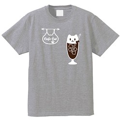 猫Tシャツ ねこカフェ+ねこコーヒーフロートTシャツグレー 綿+ポリ混紡 100~XXLサイズ 1枚目の画像