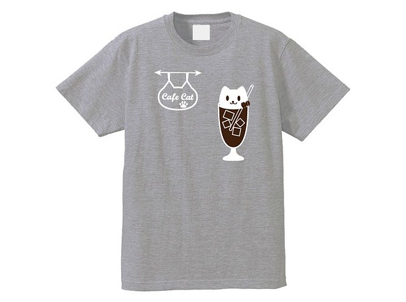猫Tシャツ ねこカフェ+ねこコーヒーフロートTシャツグレー 綿+ポリ混紡 100~XXLサイズ 1枚目の画像