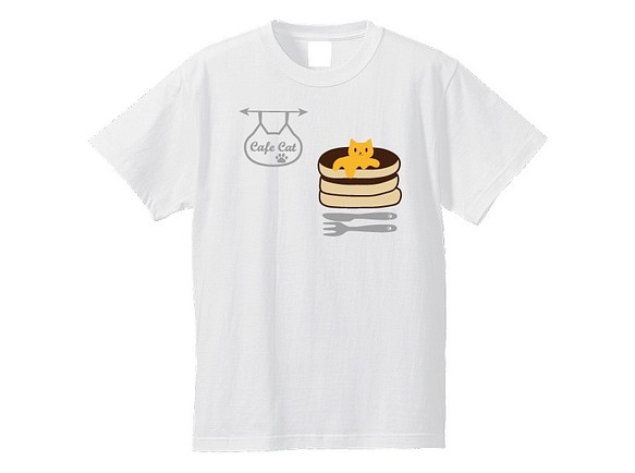 ねこカフェ+ネコバターホットケーキTシャツ　白　綿100% 1枚目の画像
