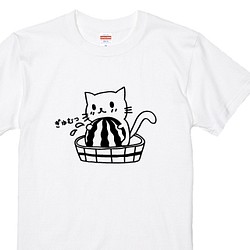 スイカぎゅむっネコＴシャツホワイト　綿100％　８０～XXLサイズ　猫Ｔシャツ　ねこTシャツ　 1枚目の画像