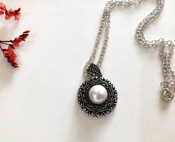 （（已售出））「宮廷摩洛哥」天然珍珠&金剛鑽 純銀項鏈 第1張的照片
