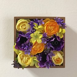 フラワーBOX 花の壁飾り＊イエロー&パープル 1枚目の画像