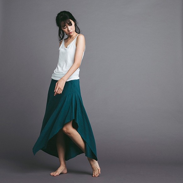不規則棉麻長裙 - 藍綠 Asymmetric maxi skirt - Teal 第1張的照片