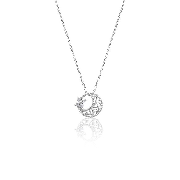 K10 白金新月和花朵鑽石項鍊流行閃光精緻鏈規格 第1張的照片