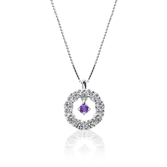幸運符花環圖案鉑金二月誕生石紫水晶和鑽石周年紀念項鍊 第1張的照片