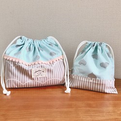 入園入学 お弁当袋(給食袋)コップ袋 set ミント　ハート♡ 1枚目の画像