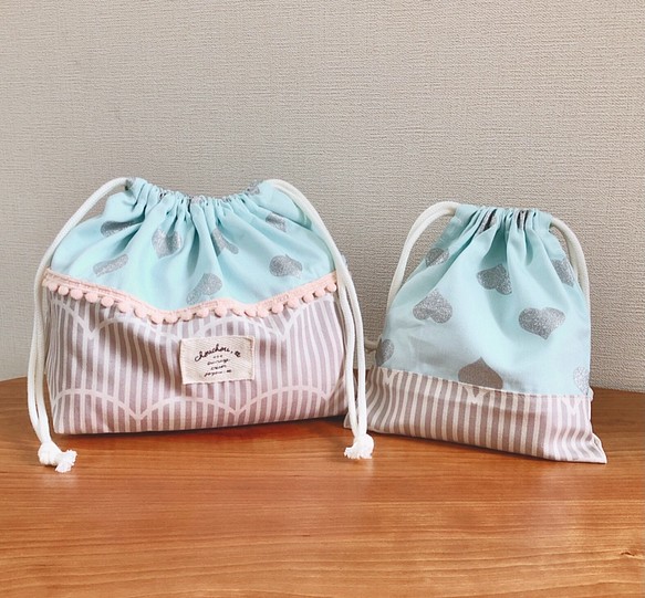 入園入学 お弁当袋(給食袋)コップ袋 set ミント　ハート♡ 1枚目の画像