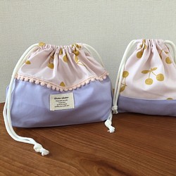 入園入学 お弁当袋(給食袋)コップ袋 set ピンクチェリーさくらんぼ 1枚目の画像