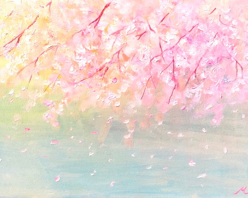 油絵　原画　オリジナル　「桜と風」　　送料無料