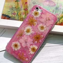 手作押花手機保護殼，適用於Apple iPhone 7/ 8，色彩與花，粉色 第1張的照片