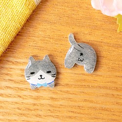 Meow Cat Neko 原創手作灰白色貓貓和貓屁屁耳環 (貓貓頭和貓屁屁為一對) 可改夾式 第1張的照片