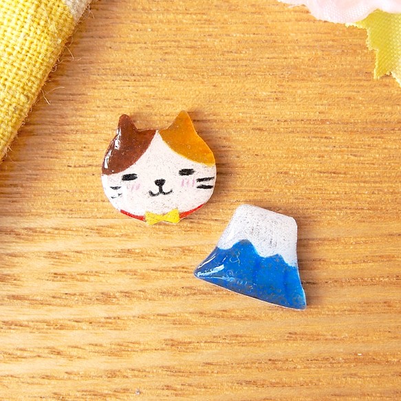 Meow Cat Neko 原創手作貓貓和富士山耳環 (貓貓頭和富士山為一對) 可改夾式 第1張的照片