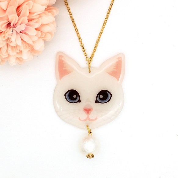 Meow綿綿珠系列 - 手作白貓貓藍眼睛綿綿珠項鍊 第1張的照片