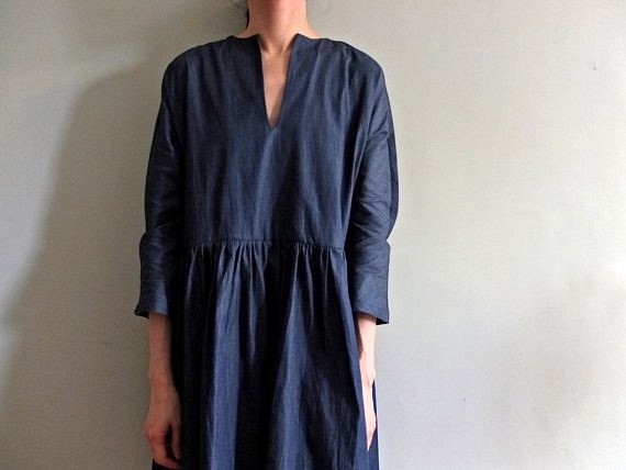 TRIBECA CHAMBRAY  棉質丹寧七分袖深Ｖ皺摺洋裝 第1張的照片