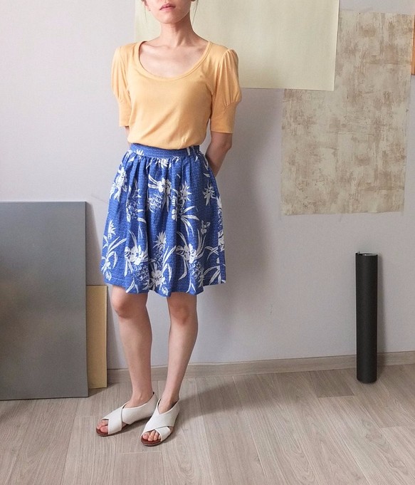 Ananas Skirt 日本進口藍白鳳梨印花棉A字裙 第1張的照片