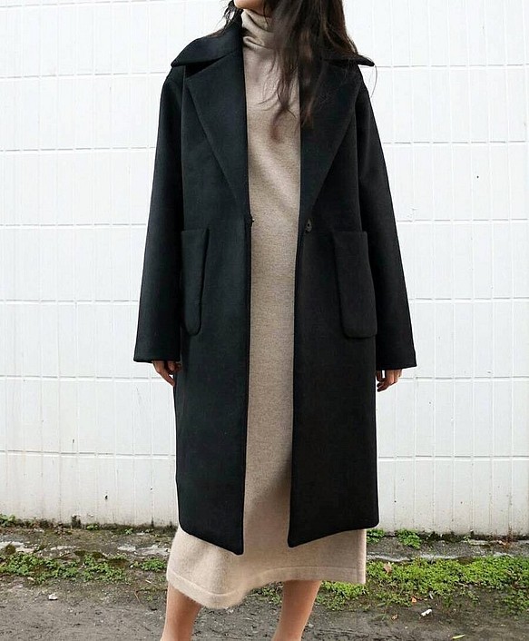 TAIZO COAT   黑色經典翻領羊毛大衣 第1張的照片